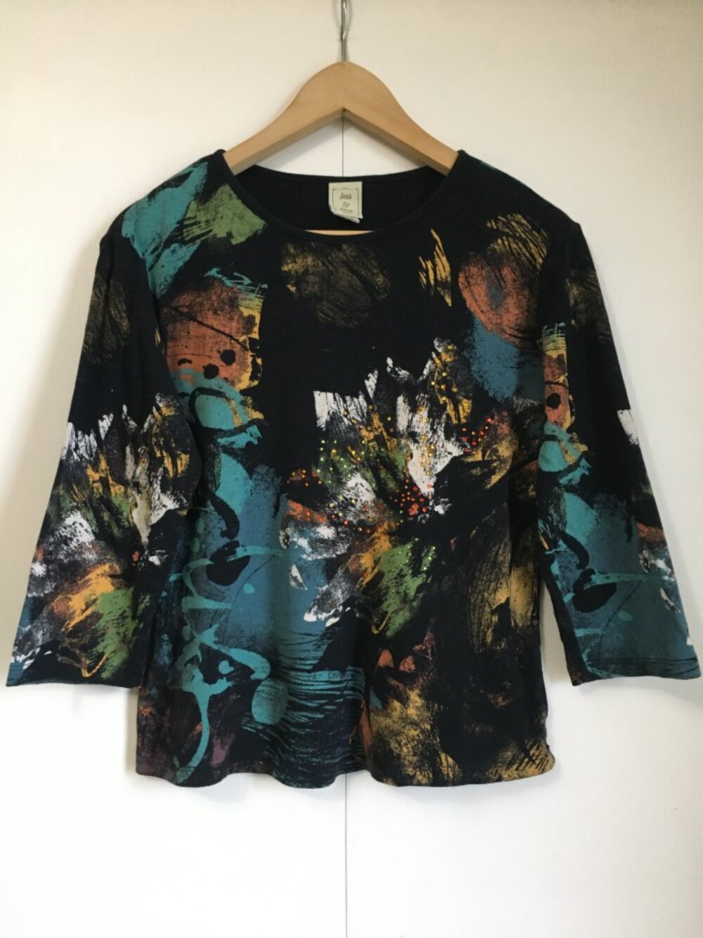 Vintage 90s Jess & Jane Graffiti Top M Black Rhinestone Stud Cotton USA Made